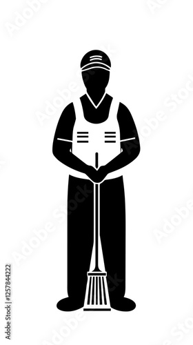 Black and white illustration Street cleaner. Man with a broom. Janitor.