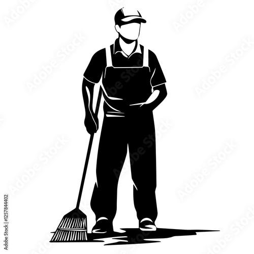 Black and white illustration Street cleaner. Man with a broom. Janitor.