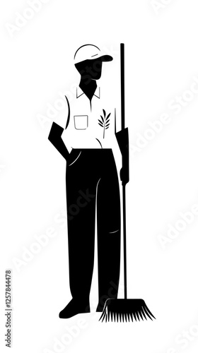 Black and white illustration Street cleaner. Man with a broom. Janitor.