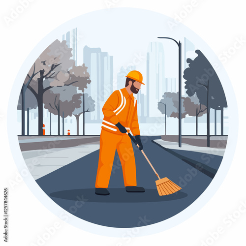 Illustration Street cleaner. Man with a broom. Janitor.