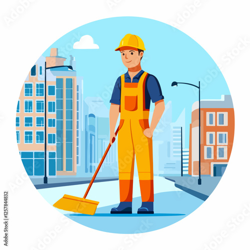 Illustration Street cleaner. Man with a broom. Janitor.