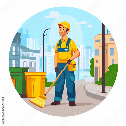 Illustration Street cleaner. Man with a broom. Janitor.