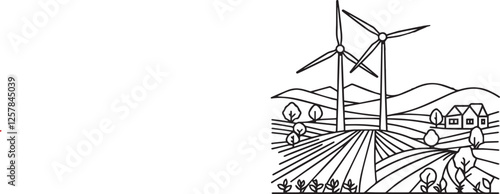 Hilly landscape with wind farm turbines energy continuous one line icon drawing. Renewable source green energy concept vector illustration. Contour one line sign for innovation, environment design