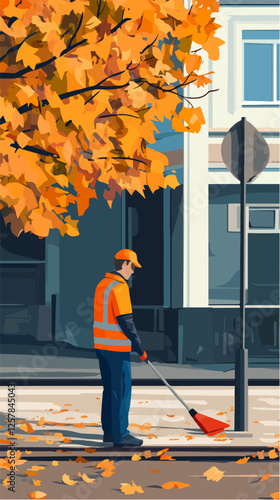 Illustration Street cleaner. Man with a broom. Janitor.