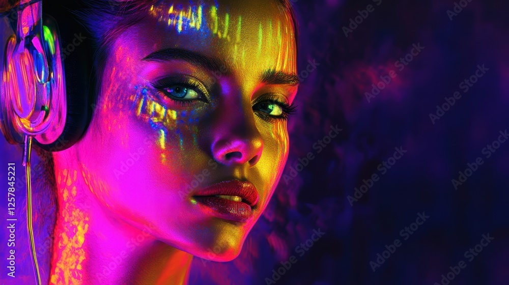Fashionable woman with headphones in neon light Fashionable woman with headphones in neon light