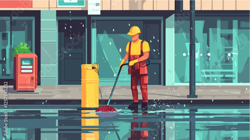 Illustration Street cleaner. Man with a broom. Janitor.