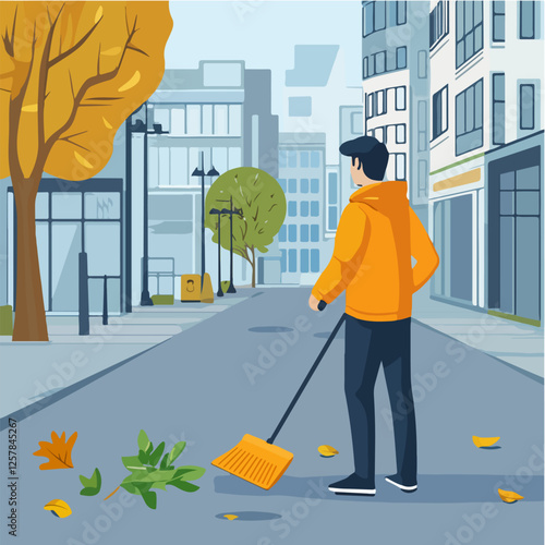Illustration Street cleaner. Man with a broom. Janitor.