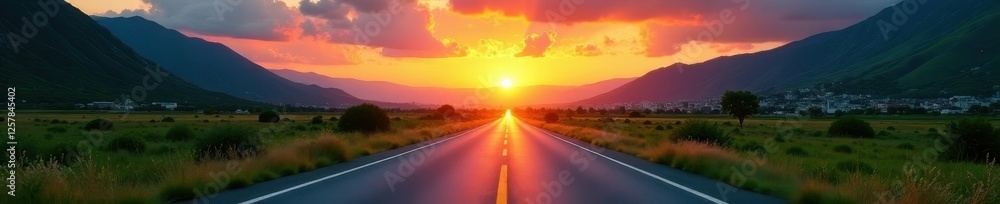 Fototapeta premium Asphalt road cuts through vibrant sunset, green mountains frame city skyline , colors, twilight