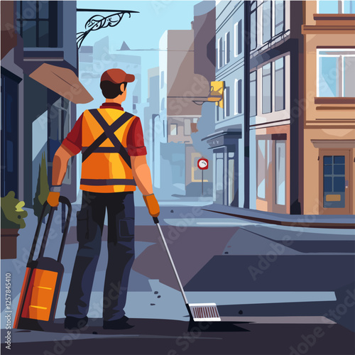 Illustration Street cleaner. Man with a broom. Janitor.