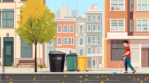 Illustration Street cleaner. Man with a broom. Janitor.