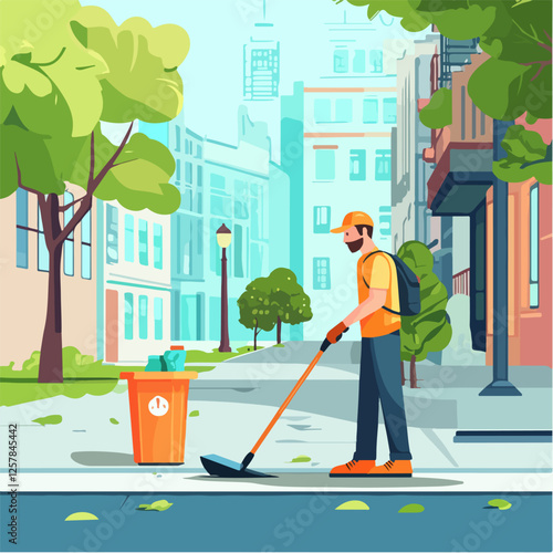 Illustration Street cleaner. Man with a broom. Janitor.