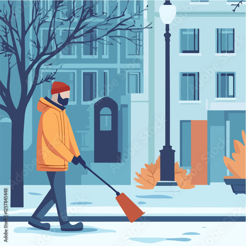 Illustration Street cleaner. Man with a broom. Janitor.