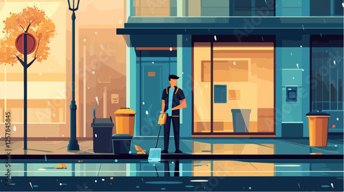 Illustration Street cleaner. Man with a broom. Janitor.