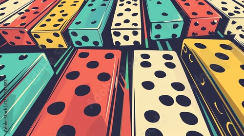 A colorful illustration of dominoes with black dots.