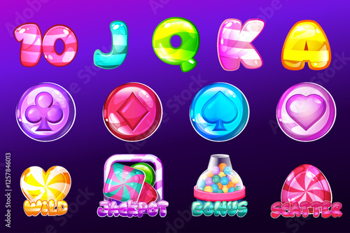 Set slot symbols for candy themed games. Candy symbols. Candy, playing card symbols, 10,J,Q,K, and A symbols like sweet