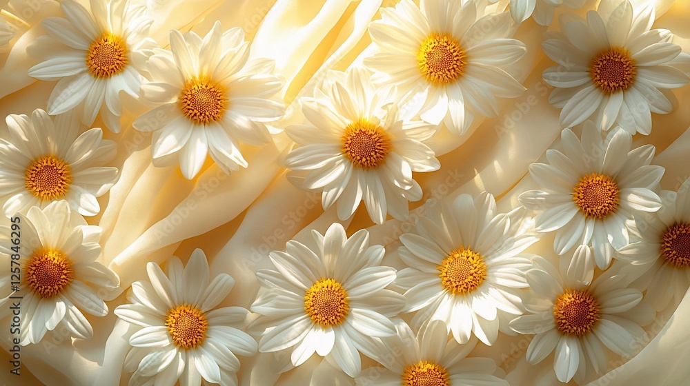 Fototapeta premium Daisies on silk fabric, sunlight, background blur, spring