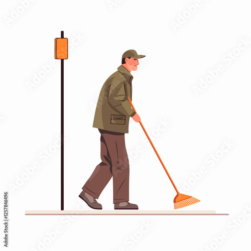 Illustration Street cleaner. Man with a broom. Janitor.
