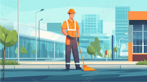 Illustration Street cleaner. Man with a broom. Janitor.