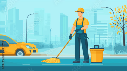 Illustration Street cleaner. Man with a broom. Janitor.