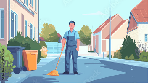 Illustration Street cleaner. Man with a broom. Janitor.