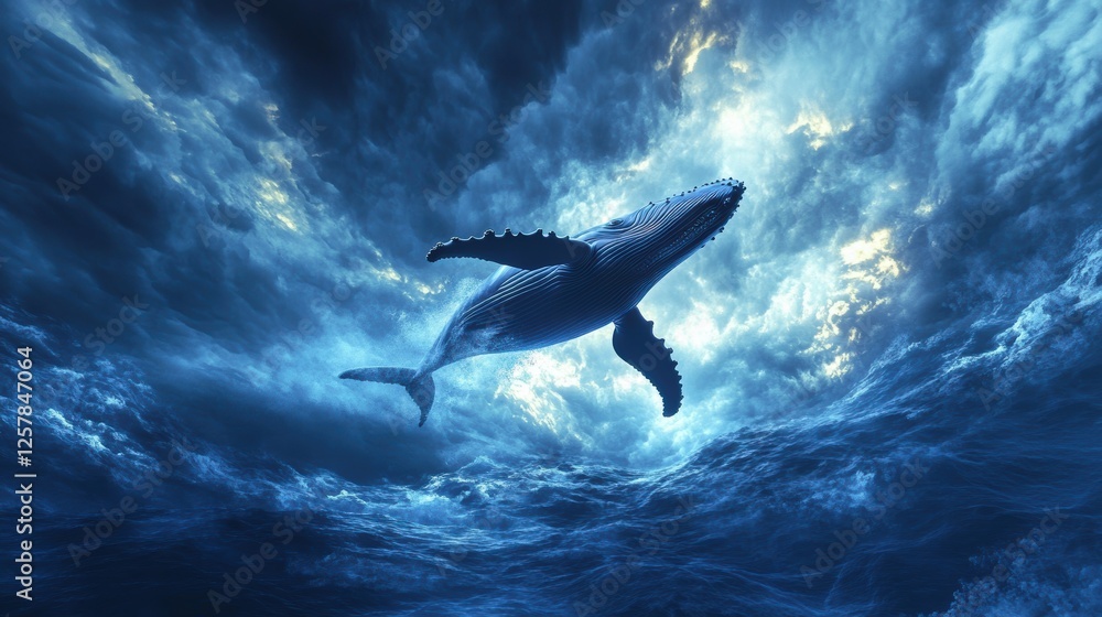 Obraz premium Humpback Whale Breaching in Vast Blue Ocean