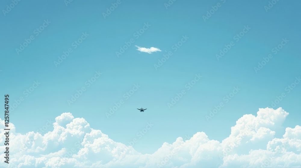 Fototapeta premium Panoramic Background with flying plane in blue sky