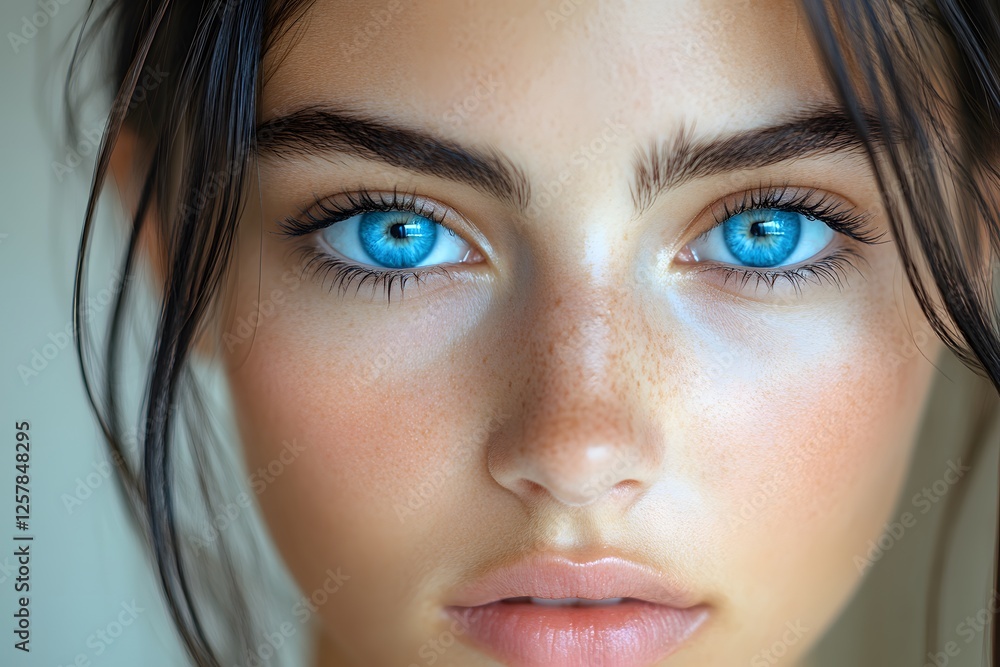 Fototapeta premium Vivid Blue Eyes Close-Up Portrait for Beauty and Cosmetics Design