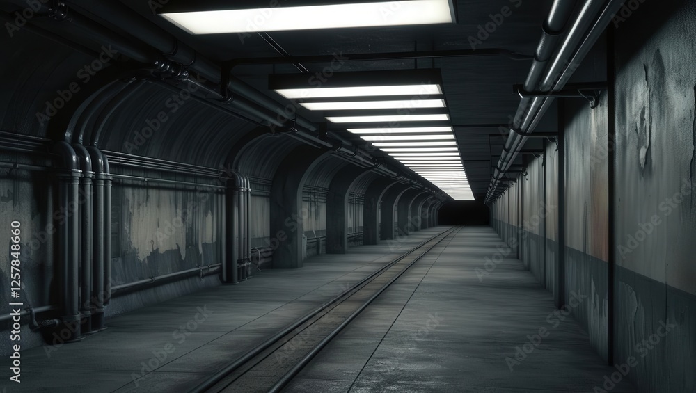 Subterranean Passage: A long, dark corridor stretches into the distance, lined with industrial pipes and aged walls, creating a sense of mystery and suspense. Subterranean Passage: A long, dark corridor stretches into the distance, lined with industrial pipes and aged walls, creating a sense of mystery and suspense.