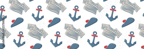 Seamless pattern with anchor, sailor suit and beret. Cute sea background for fabric, children's clothing, textile, wrapping paper and other decorations. Vector illustration.