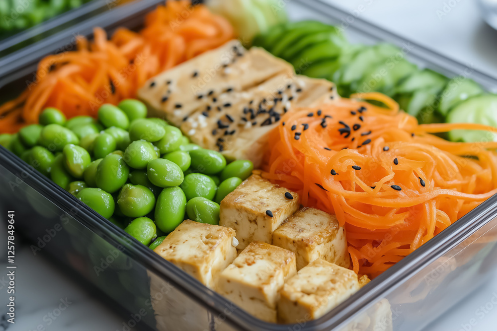 A vegetarian bento box with tofu, edamame, and carrot ribbons A vegetarian bento box with tofu, edamame, and carrot ribbons