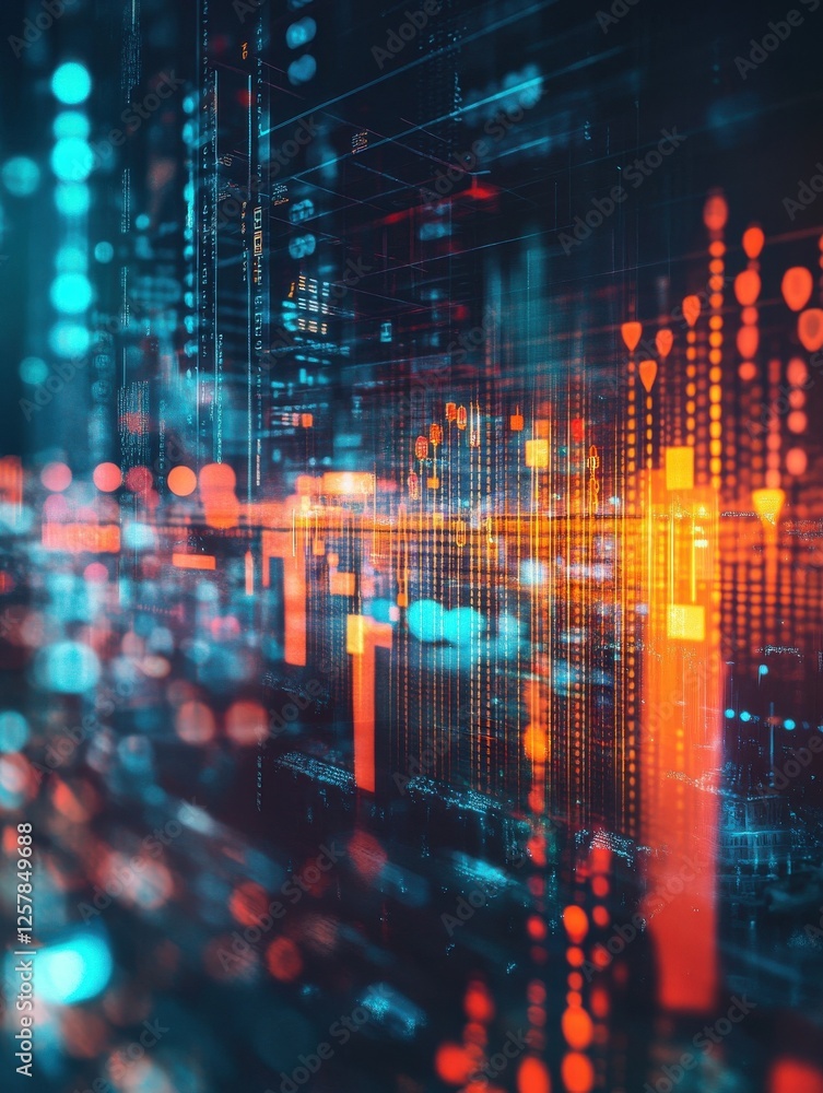 Obraz premium Creative glowing big data forex candlestick chart on blurry city background. Trade, technology, investment and analysis concept. Double exposure