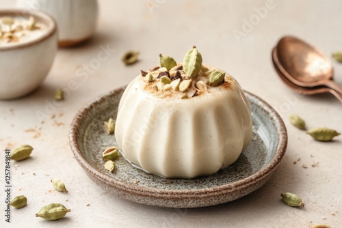 Creamy dessert adorned with cardamom pods on a plate photo