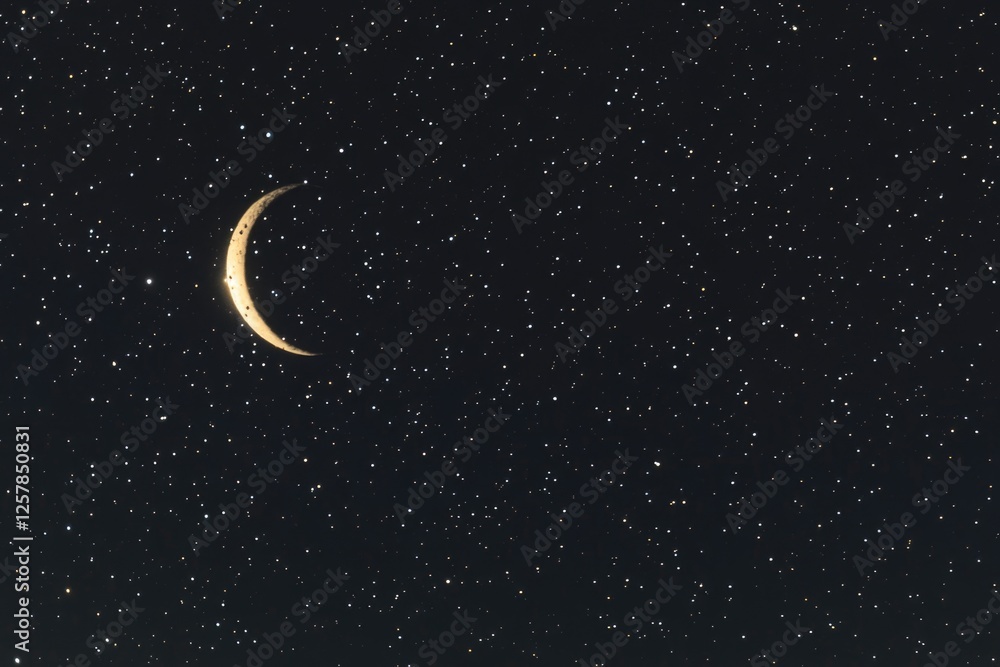 Moonlit night scene with crescent moon and twinkling stars. Moonlit night scene with crescent moon and twinkling stars.