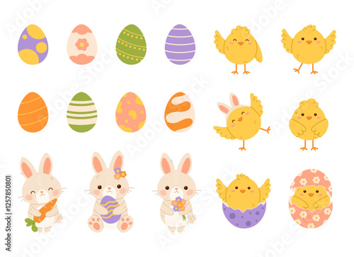 Set of Easter elements. Easter bunny, chicks and eggs. Flat vector isolated illustration