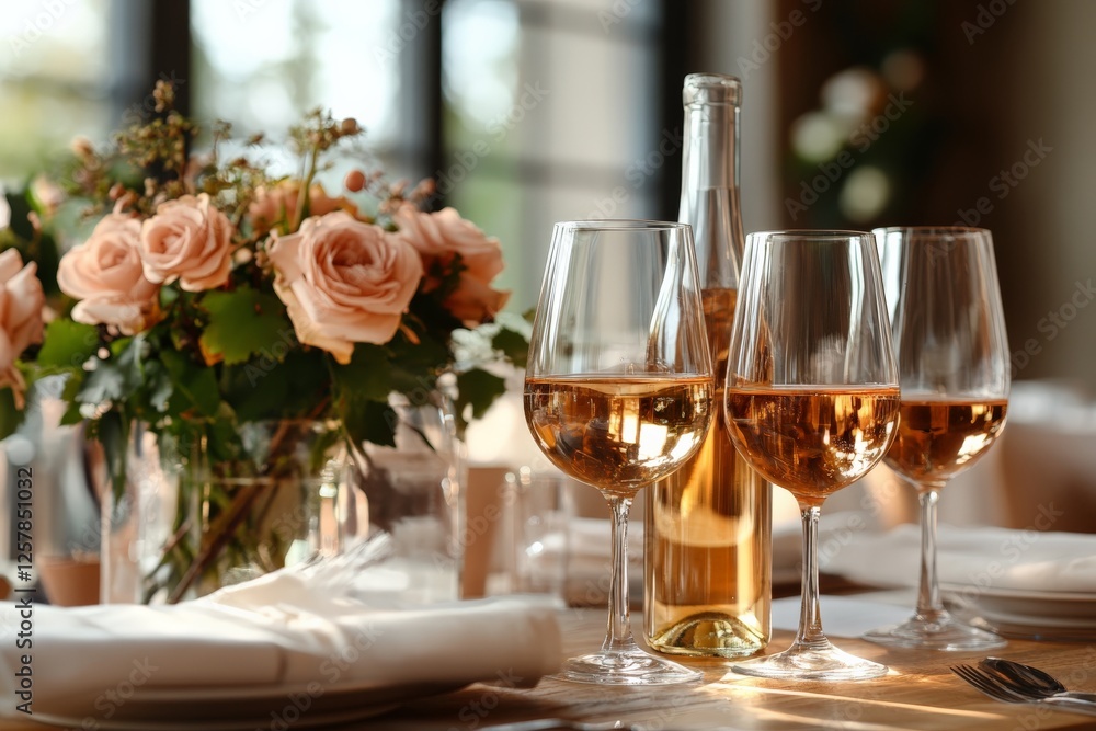 Elegant tabletop setting featuring rose wine and floral arrangement during a daytime gathering Elegant tabletop setting featuring rose wine and floral arrangement during a daytime gathering