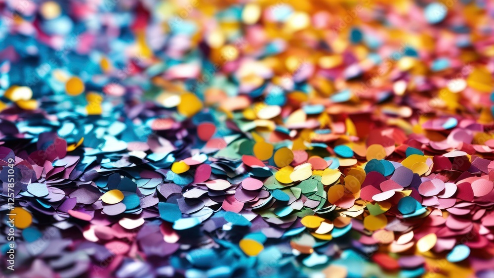 Colorful confetti scattered across surface creates vibrant and festive atmosphere suitable for celebrations Colorful confetti scattered across surface creates vibrant and festive atmosphere suitable for celebrations