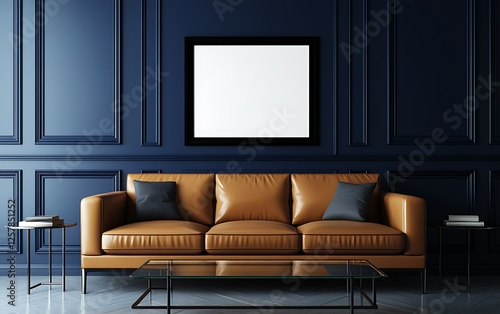 Tan leather sofa in navy room  mockup poster
