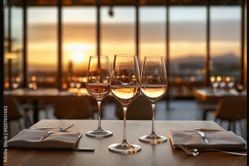 Enjoying fine wines against a sunset backdrop in a modern restaurant setting Enjoying fine wines against a sunset backdrop in a modern restaurant setting