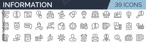 Set of 39 outline icons related to information.  Linear icon collection. Editable stroke. Vector illustration	