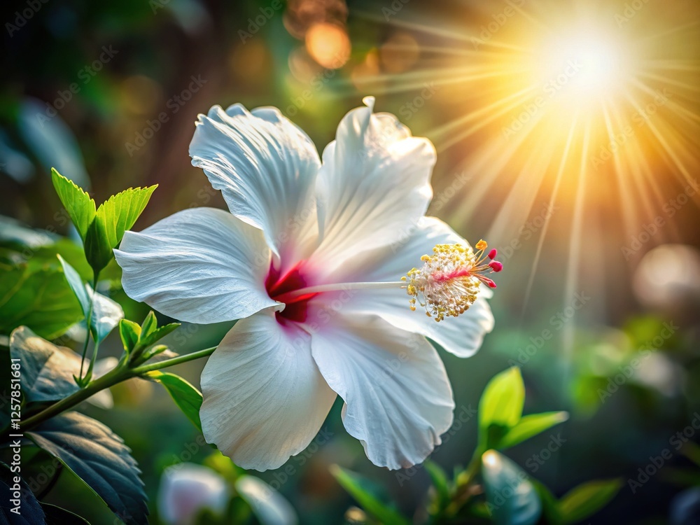 Fototapeta premium Morning sun highlights white hibiscus blossoms, a beautiful floral display.