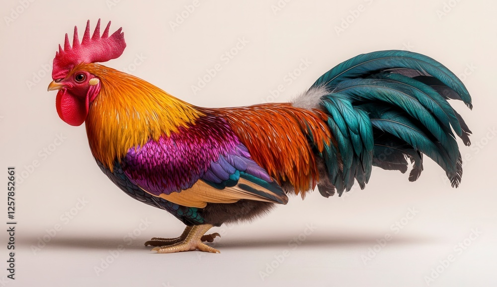 Fototapeta premium Colorful Rooster with Vibrant Feather Display on Neutral Background