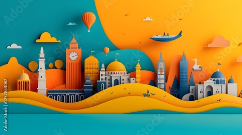 Vibrant and layered papercut featuring iconic landmarks and famous attractions from around the world in a colorful and whimsical design  Includes skyscrapers domes towers