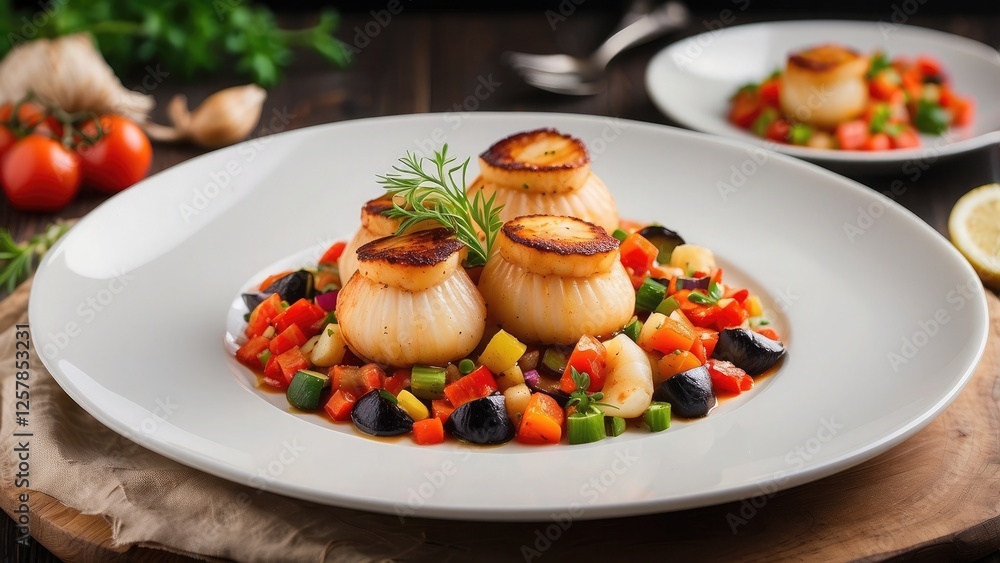 Delicious pan-seared scallops with vegetable ratatouille on a scallop shell, creating an attractive and savory seafood dish. Delicious pan-seared scallops with vegetable ratatouille on a scallop shell, creating an attractive and savory seafood dish.
