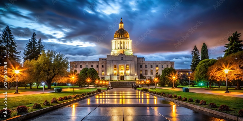 Fototapeta premium Oregon State Capitol at night, cityscape glows softly.