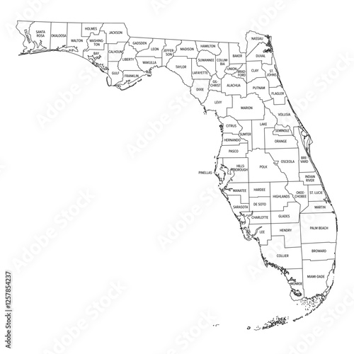 Outline of U.S. state Florida divided into counties. State in the Southeastern region of United States, subdivided into 67 counties. Map with county boundaries and names. Black and white illustration.