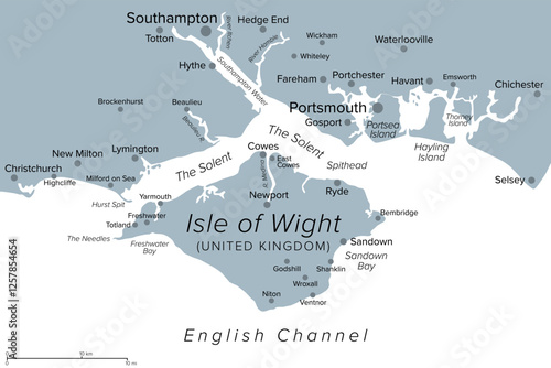 Isle of Wight and surroundings gray political map. Island, county and unitary authority in the English Channel across The Solent off the coast of Hampshire. Largest island in England. Illustration.