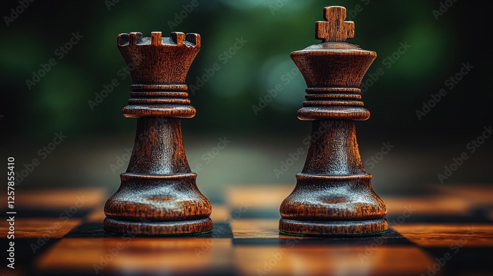 Fototapeta premium Dark wood chess king & rook outdoors, nature bokeh