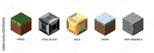 Isometric set of cubic blocks. Pixel style and bright textures are perfect for games, apps and creative projects