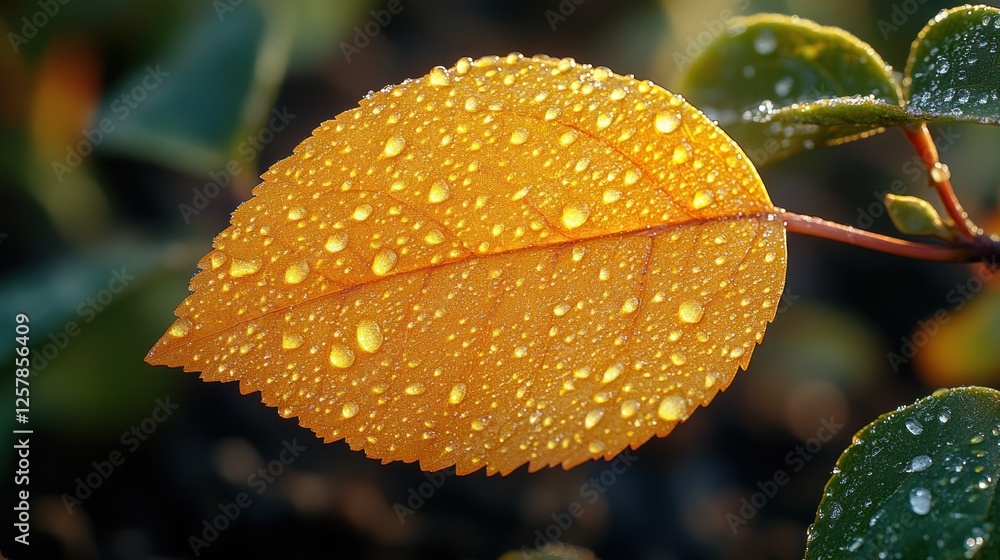 Dew-covered autumn leaf, sunrise garden Dew-covered autumn leaf, sunrise garden