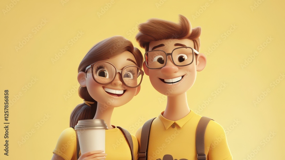 Fototapeta premium Smiling female and male bloggers with happy expressions, drink coffee to go, click selfie photo and look at camera, wear transparent glasses casual t shirts pose over yellow background. Couple has fu